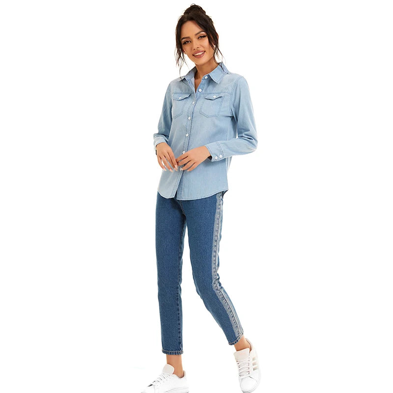 Streetwear Light Blue Cotton Thin Basic Shirts Jeans Woman 2024 Spring Long Sleeve Denim Blouses Ladies Tops Clothes