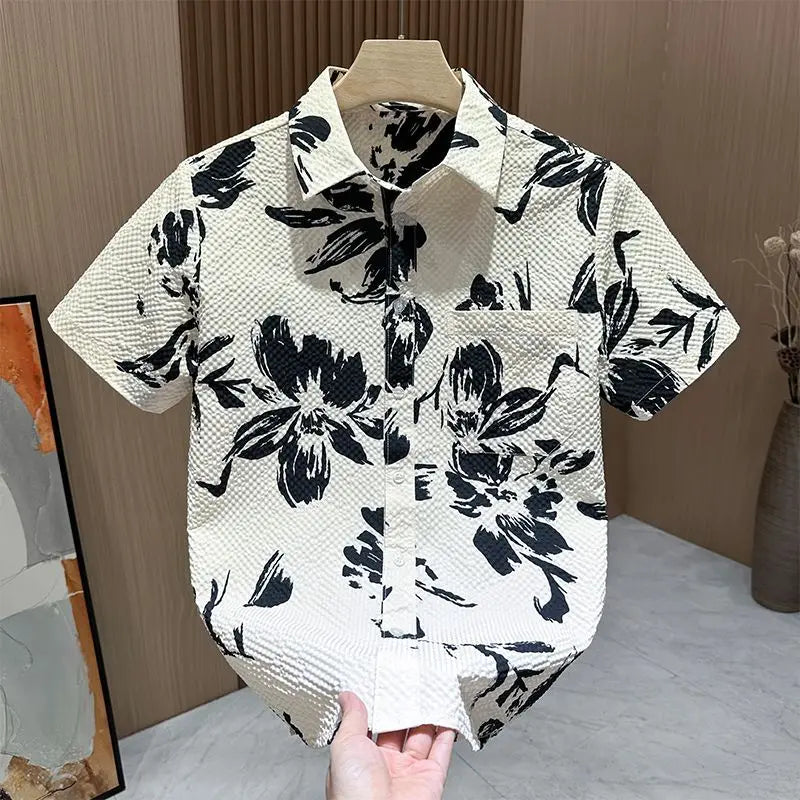 Men Clothing New Summer Fashion Vintage Flower Print Button Up Shirt Male Simple Casual Short Sleeve Pocket Loose All Match Tops