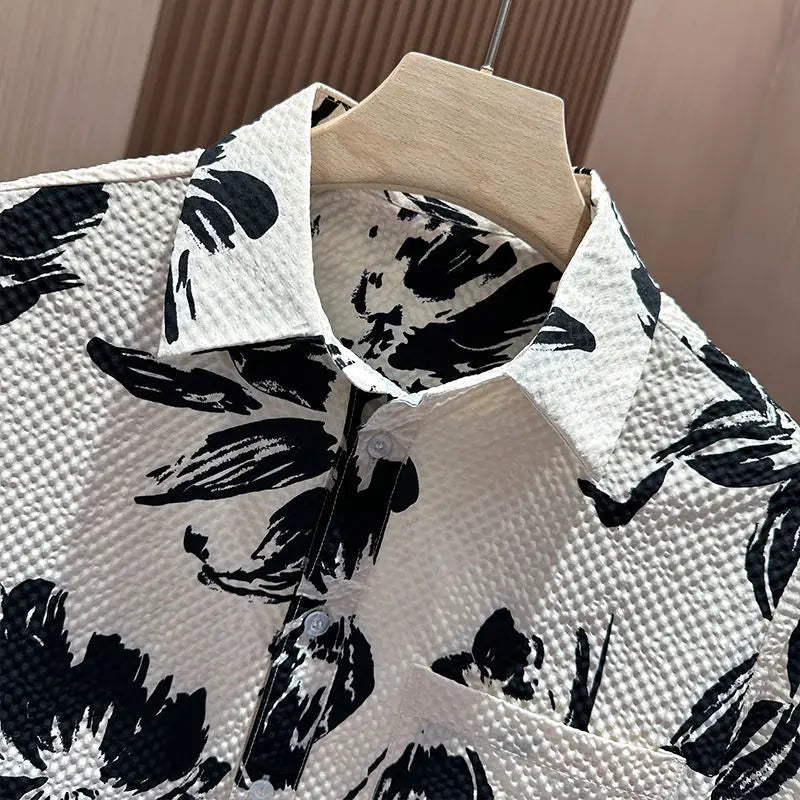 Men Clothing New Summer Fashion Vintage Flower Print Button Up Shirt Male Simple Casual Short Sleeve Pocket Loose All Match Tops