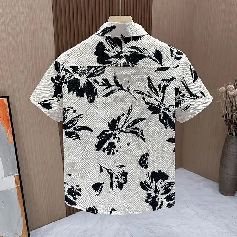 Men Clothing New Summer Fashion Vintage Flower Print Button Up Shirt Male Simple Casual Short Sleeve Pocket Loose All Match Tops